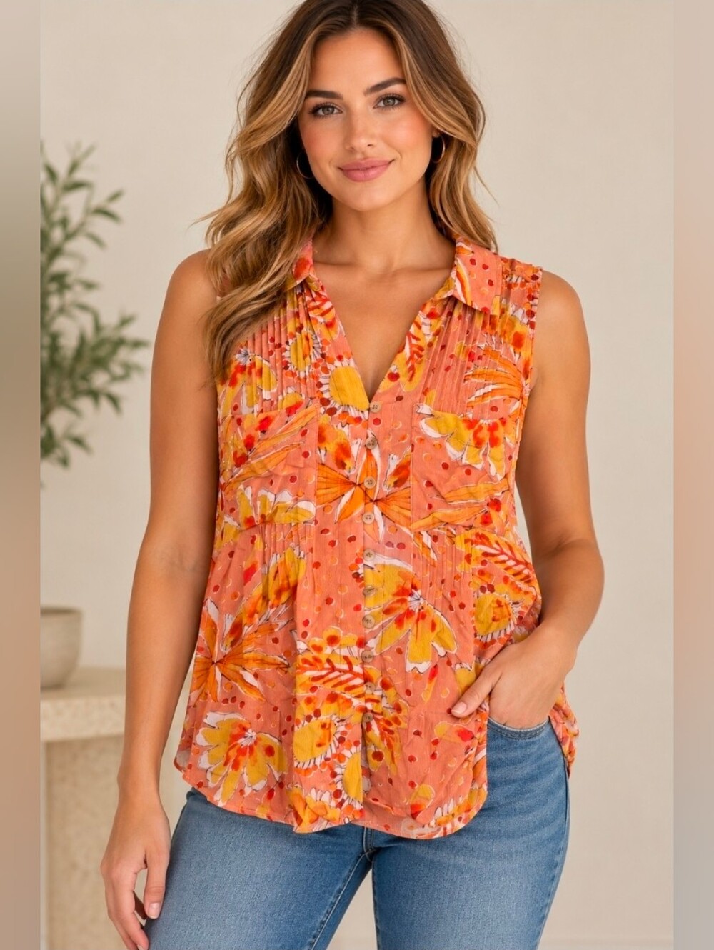 Anthropologie Sleeveless Floral V-Neck Women’s Top in Coral and Yellow